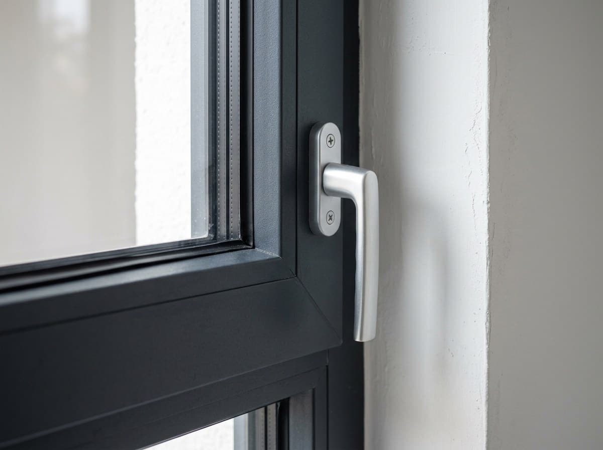 Ausschnitt: Griff an einem dunklen Fensterrahmen, daneben heller Putz