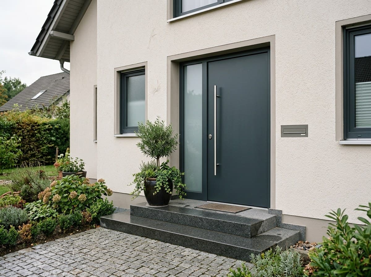 Dunkle Haustür mit schmalem Glasstreifen an einem hell verputzten Haus, davor Stufen und Pflanzen