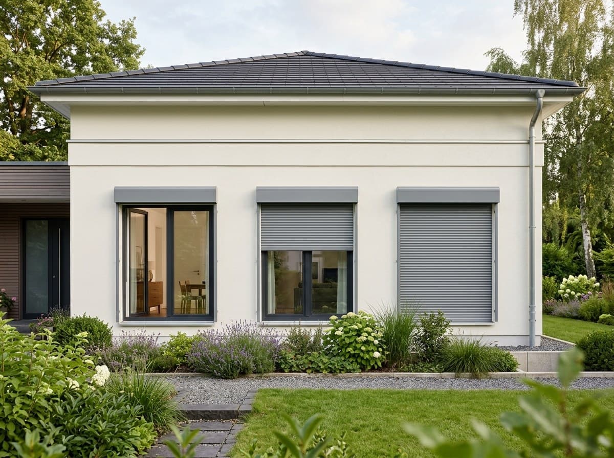 Hell verputztes Haus mit drei Fenstern, deren graue Rollläden offen, halb und ganz geschlossen sind