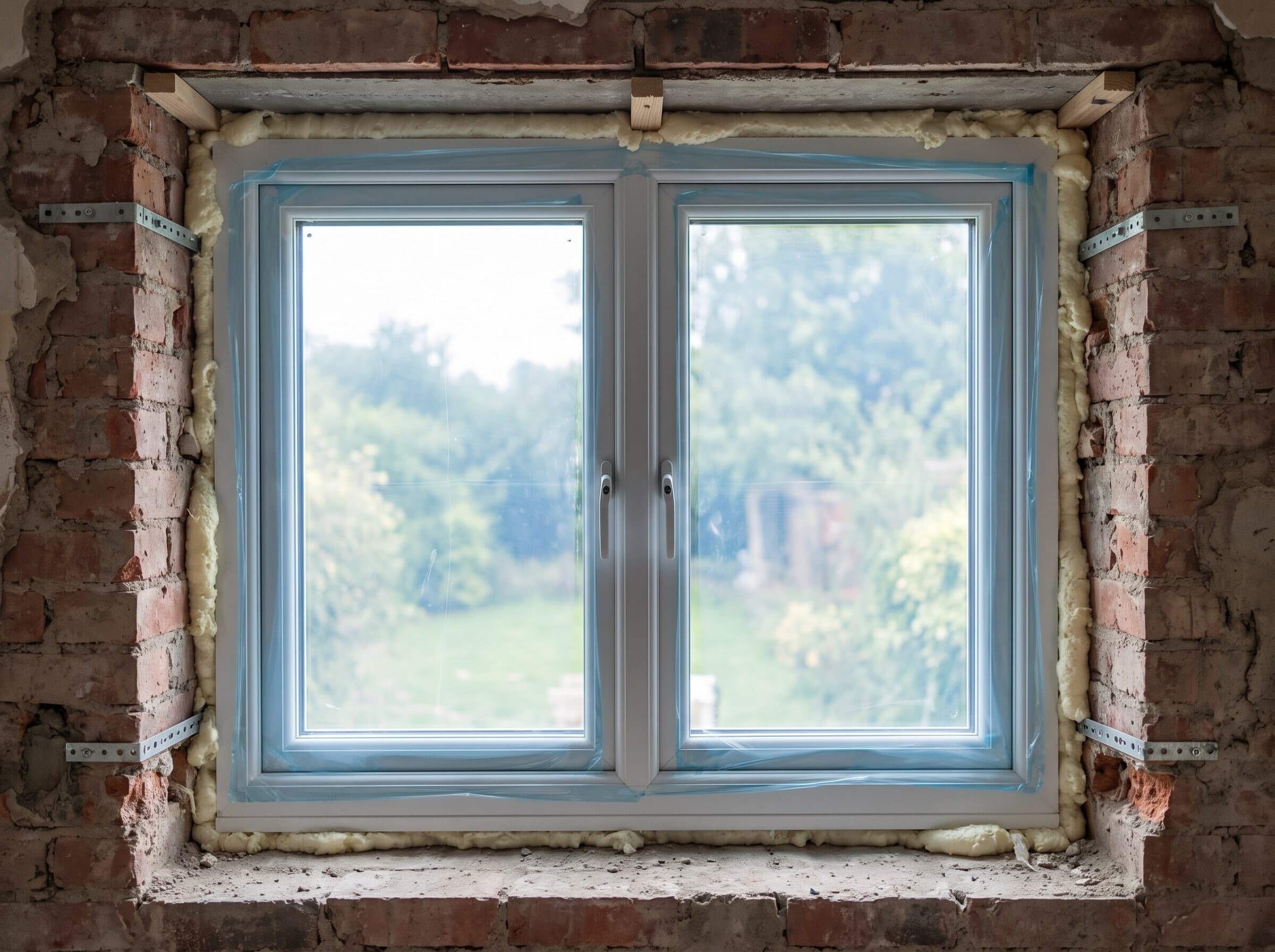 Weißes Fenster mit zwei Flügeln in einer Maueröffnung aus Ziegeln, noch mit Schutzfolie, in der Fuge Montageschaum